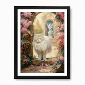 Fluffy White Cat In A Pink Floral Courtyard Rococo Style Art Print