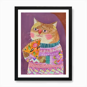 Brown Cat Pizza Lover Folk Illustration 5 Art Print