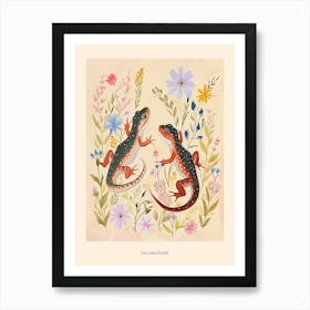 Folksy Floral Animal Drawing Salamander Poster Art Print