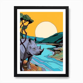 Simple Rhino Illustration Sunrise 5 Art Print