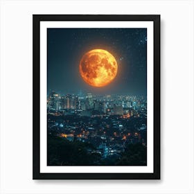 Full Moon Over City At Night Art Print