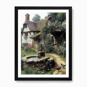 Country Village Cottage With Chickens| Beautiful Landscape Scenery Painting | Contemporary Art Print for Feature Wall | Vibrant Beautiful Wall Decor in HD Art Print