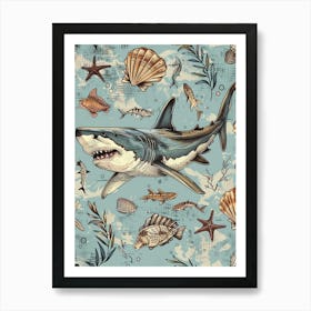 Pastel Blue Great White Shark Watercolour Seascape 2 Art Print