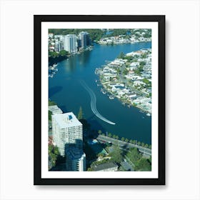 Aerial View Of A Boat Driving Through Canal In Burleigh Waters, Gold Coast. Art Print