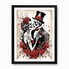 Floral Abstract Kissing Skeleton Lovers Ink Painting (6) Art Print