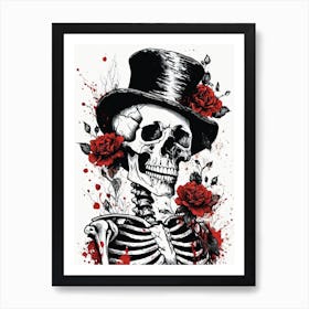 Floral Skeleton With Hat Ink Painting (92) Art Print