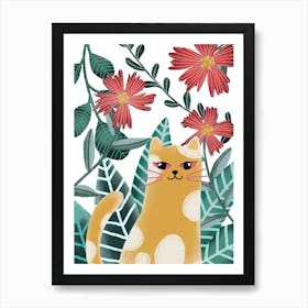 Wild Cat With Red flowers and lush leaves floral artwork Art Print