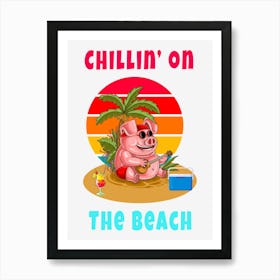 Colorful Pig Illustration Pig In Sunglasses On The Beach Under A Palm Tree Playing Music 1 Art Print