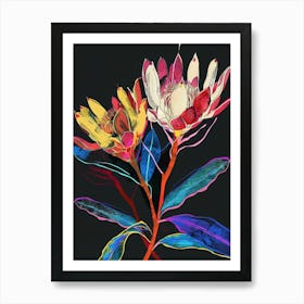 Neon Flowers On Black Protea 2 Art Print