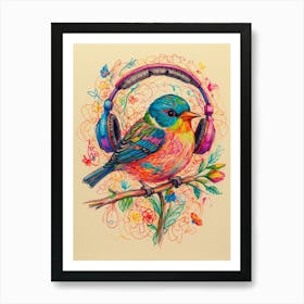 Colorful Bird With Headphones Art Print