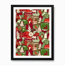 Abstract Red, Green, White Scandinavian Christmas Patchwork Art Print