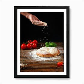 A Hand Stretching A Glistening Ball Of Pizza Dough Mid Action Flour Dusting In The Air From A Woode (2) Poster