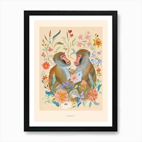 Folksy Floral Animal Drawing Baboon 4 Poster Art Print