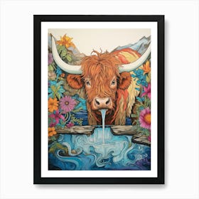 Floral Colourful Illustration Of Highland Cow Drinking Out Of Trough 1 Art Print