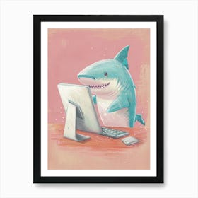 Shark On A Computer Pastel Illustration 2 Art Print