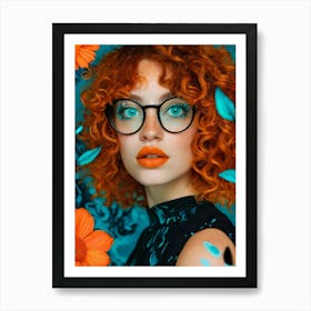 Girl With Glasses And Flowers Art Print