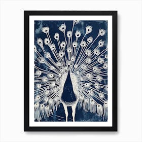 Navy Blue Linocut Inspired Peacock With Feathers Out 2 Art Print