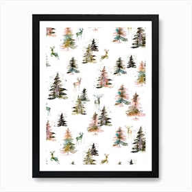 Winter Deers Forest Rustic Art Print