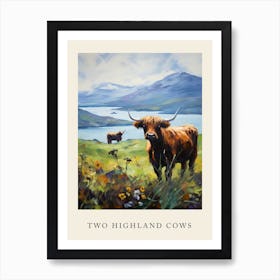 Two Highland Cows By The Mountains And Lake Art Print