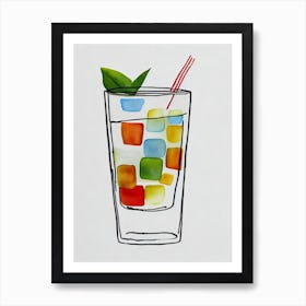 Old Fashioned Minimal Line Drawing With Watercolour Cocktail Poster Art Print