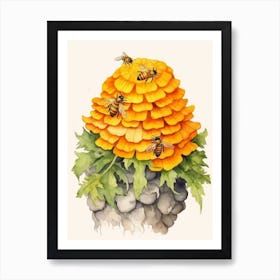Beehive With Marigold Watercolour Illustration 4 Art Print