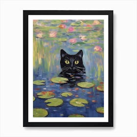 Water Lilies And A Black Cat Inspired By Monet 4 Art Print