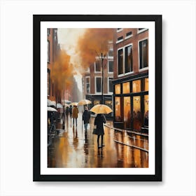 Amsterdam cafes, autumn season, rain, autumn oil colours.Faded colours,People passing on the street, winter clothes, rain umbrellas.7 1 Art Print