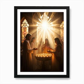 Candlelight Vigil During Spiritual Celebration Rays Of Soft Golden Light Breaking Through Stained G (7) Art Print