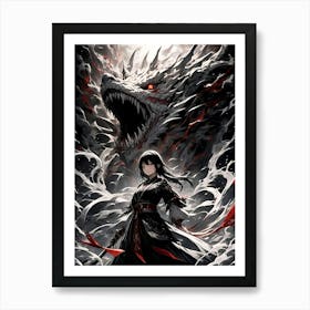 Anime - Female warrior battling against a dragon Art Print