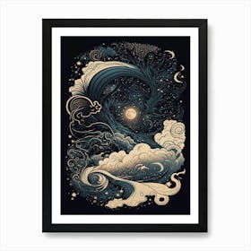 Starry Sky Moon Space Cosmic Galaxy Nature Art Clouds Art Nouveau Abstract Art Print