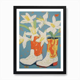 Painting Of White Flowers And Cowboy Boots, Oil Style 6 Art Print