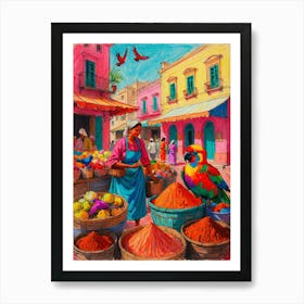 Parrots In The Market Art Print