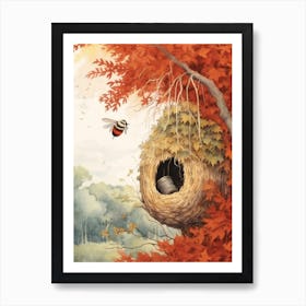 Red Mason Bee Beehive Watercolour Illustration 4 Art Print