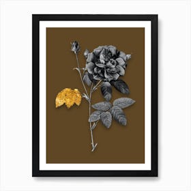 Vintage French Rose Black and White Gold Leaf Floral Art on Coffee Brown n.0008 Art Print