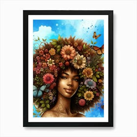 Black Woman Art, Afro Art, Melanin, Afro Girl With Butterflies, feminine art, cute art, butterfly art, flower art, kinky hair Art Print