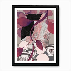 Abstract Still Life Collage Vase with Teacups and Citrus, Plum and Mauve No.372024-01 Art Print