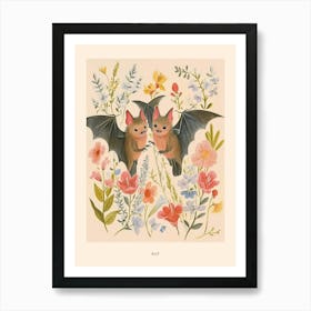 Folksy Floral Animal Drawing Bat Poster Art Print