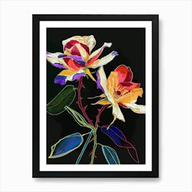 Neon Flowers On Black Rose 2 Art Print