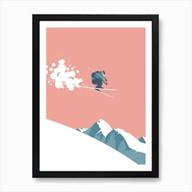 Flying skier in pink Art Print