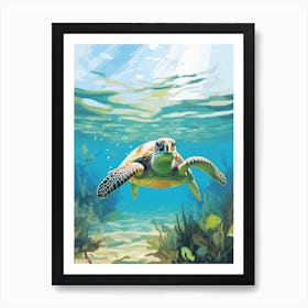Block Colour Turtle Swimming Aqua 8 Art Print