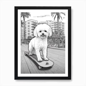 Bichon Frise Dog Skateboarding Line Art 4 Art Print