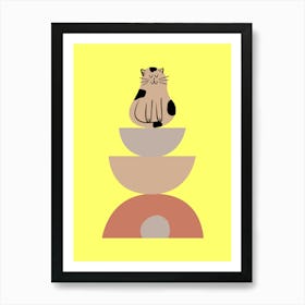 Cat Sitting On A Stack Of Bowls Art Print