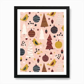 Modern Folk Art Christmas Forest Pink, Yellow, Maroon Red, Black, White Art Print