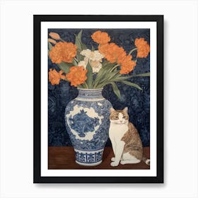 Gladoli With A Cat 2 William Morris Style Art Print