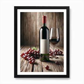 Wine Bottle, glass of red wine And Grapes On Wooden Background 2 Art Print