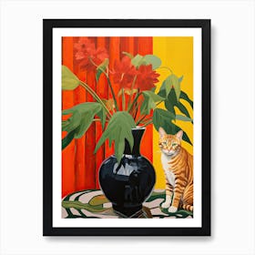 Amaryllis Flower Vase And A Cat, A Painting In The Style Of Matisse 1 Art Print