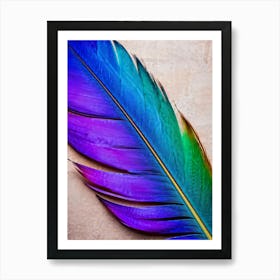 Multicolored Bird Feather Fusing Shades Of Blue Yellow Red Purple Pink Green Cast Against A N Art Print