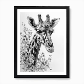 Giraffe With Their Head In The Flowers 1 Art Print