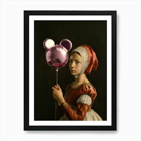 Pop alterded ancient oil painting, girl with mickey balloon Art Print