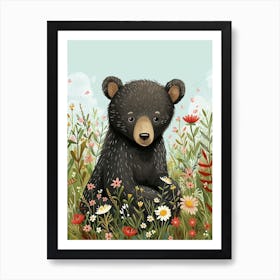 American Black Bear Cub In A Field Of Flowers Storybook Illustration 2 Art Print